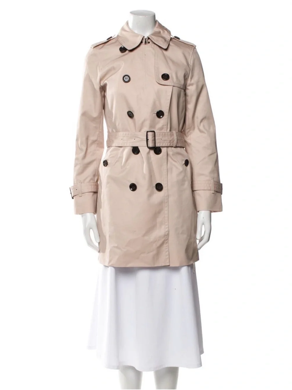 Coach: Light Beige Double-Breasted Trench Coat with Belt